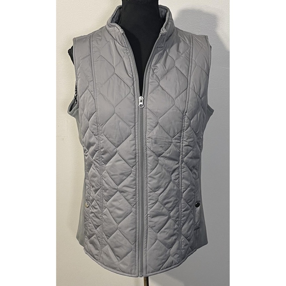 Kim Rogers Vest Womens Small Gray Quilted Full Zip Puffer Houndstooth Lined